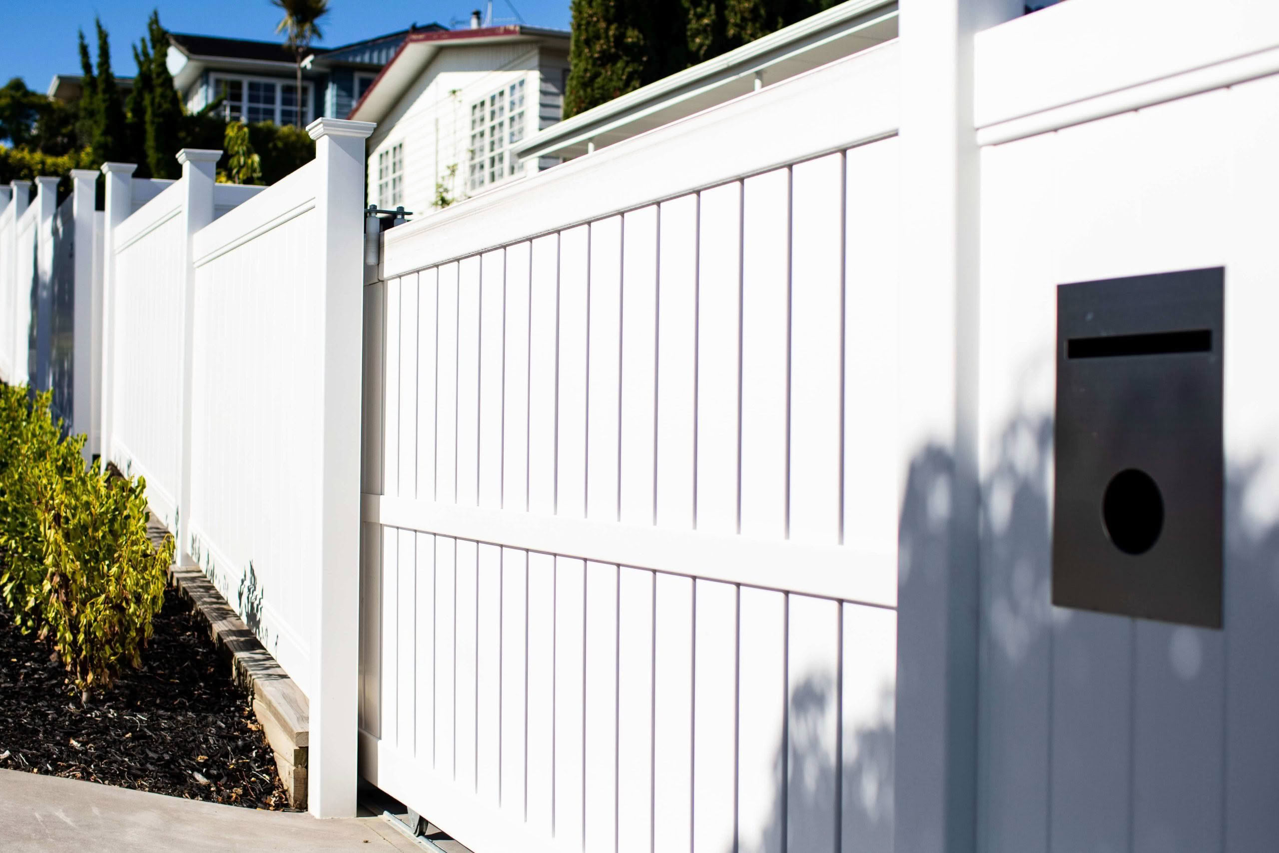 Durafence PVC fencing with modern panel design, durable and safe for homes, child play areas, and gardens, resistant to salt air and non-toxic to soil.