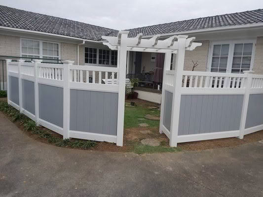 Epsom PVC privacy fence with trellis top, 1830mm high x 2400mm wide panel. Available in white or with grey insert panels. Stylish look, perfect for enhancing property boundaries.