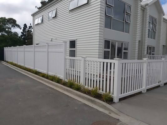 MED PVC pool fencing, 1200mm high x 2400mm wide panels. Versatile design suitable as perimeter or pool fence. When used for pools, complies with New Zealand pool regulations with compliant gate options. Angled view display.
