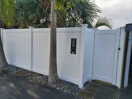 Metro PVC full privacy fence in white or grey, 1830mm high x 2400mm wide panel, durable and low-maintenance. Close-up of fence panels, suitable for New Zealand conditions, can be stepped or sloped.