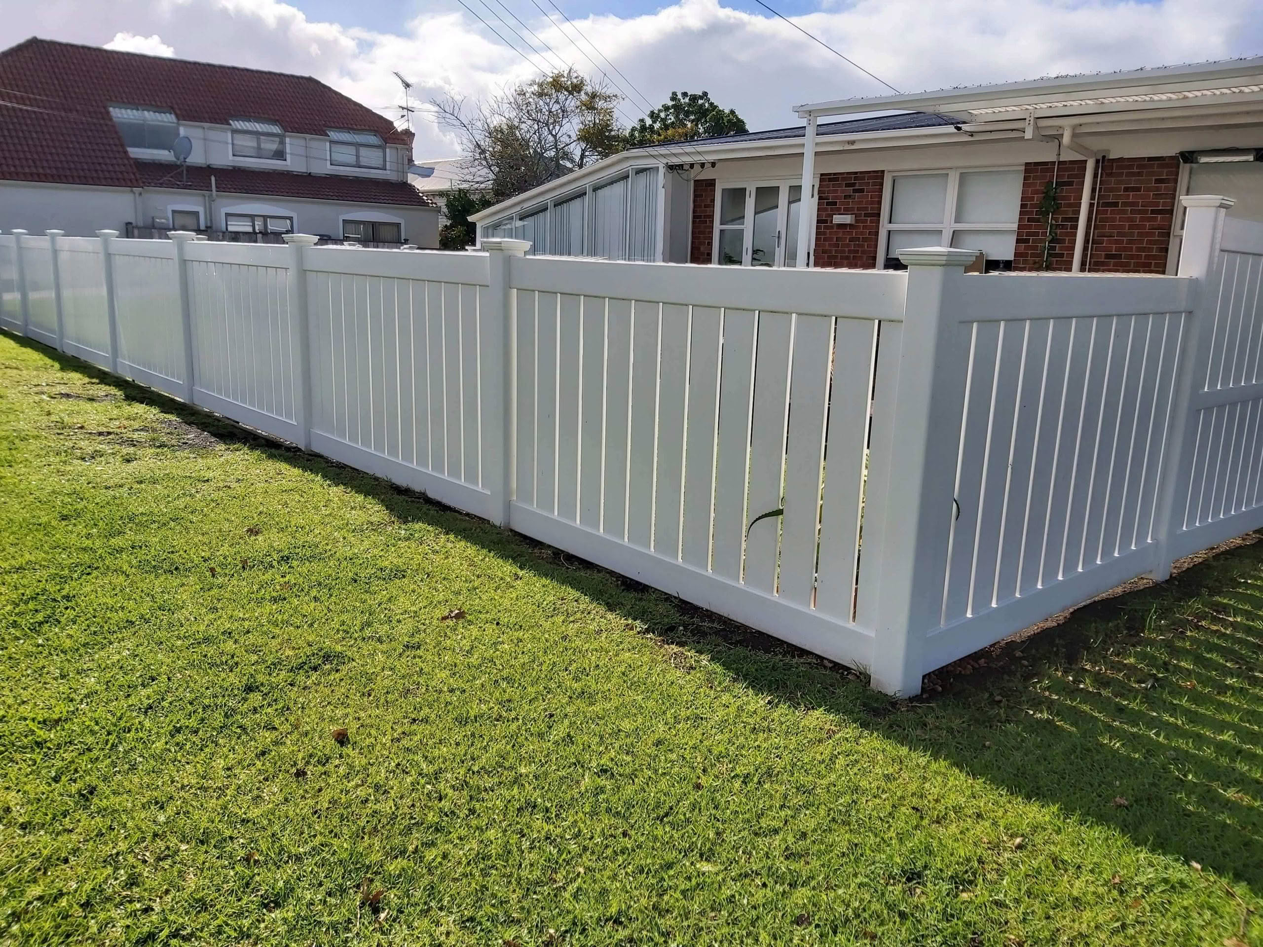 PVC Durafence made from 100% virgin vinyl with Dupont T102 UV inhibitors, providing durability and a 15-year warranty. Shown as semi-privacy design, neighbour-friendly, maintenance-free, and resistant to New Zealand’s harsh UV light.